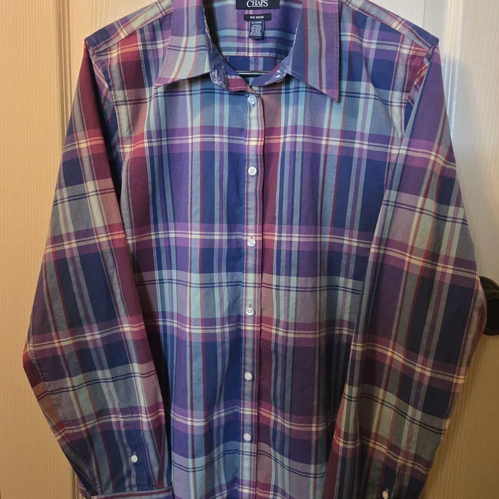 Chaps Top Women XL Plaid Button Up No Iron 100% Cotton Purple Blue. Paisley Trim